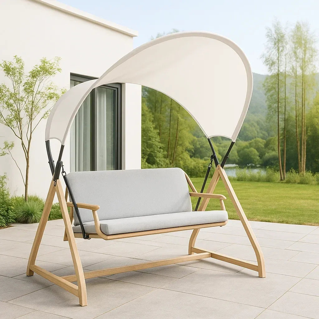 Fauteuil suspendu bois extérieur deux places auvent blanc coussin gris