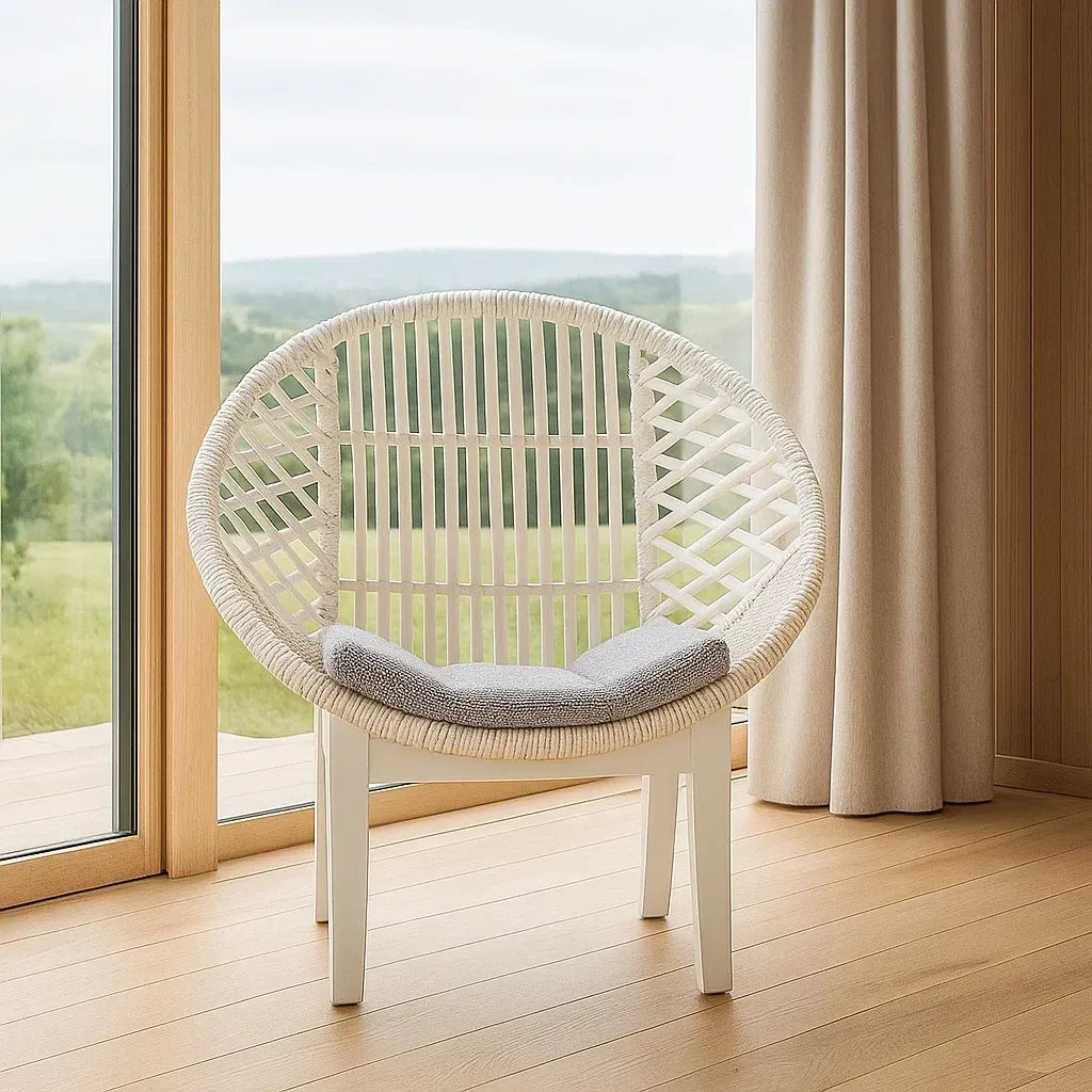 Fauteuil de jardin rotin blanc coussin rond gris polyester 80x75x70 cm