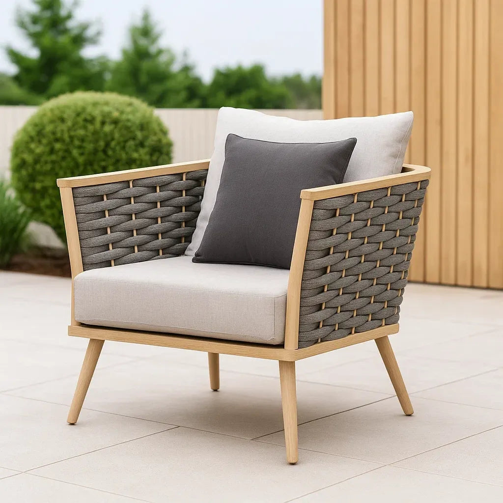 Fauteuil de jardin bois corde tressée gris/beige