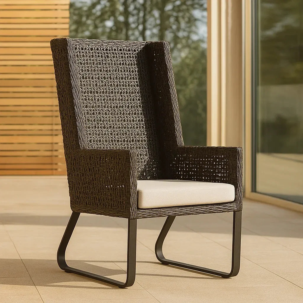 Fauteuil de jardin résine tressée brun coussin beige structure métallique