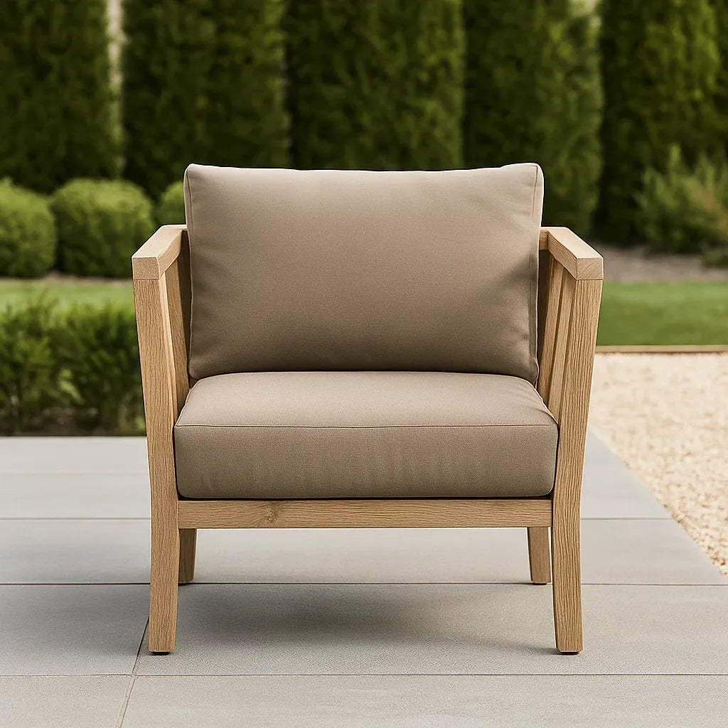 Fauteuil de jardin rectangulaire bois massif tissu beige 75x85x80 cm