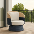 Fauteuil de jardin rotin synthétique beige/bleu coussin beige dossier courbé