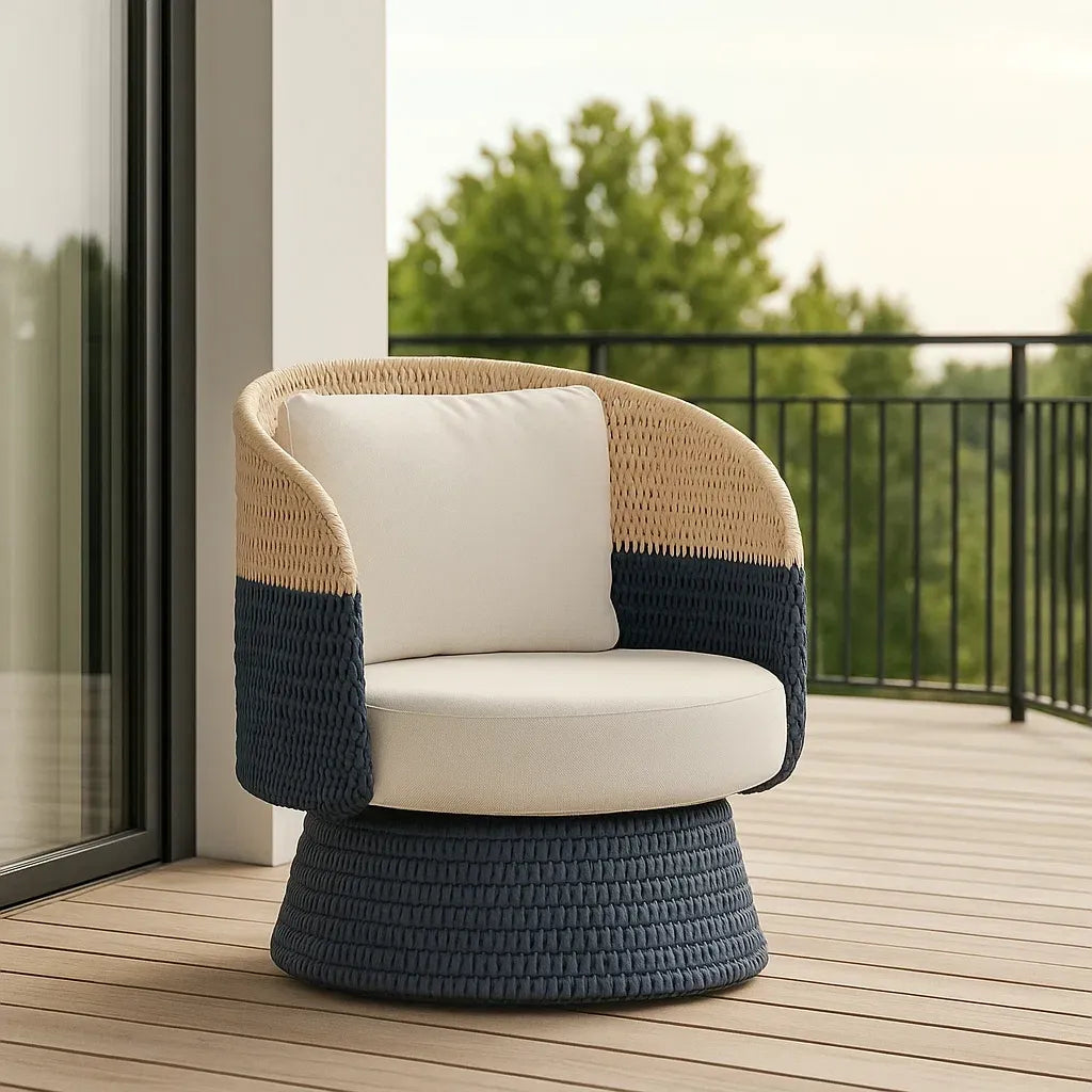 Fauteuil de jardin rotin synthétique beige/bleu coussin beige dossier courbé