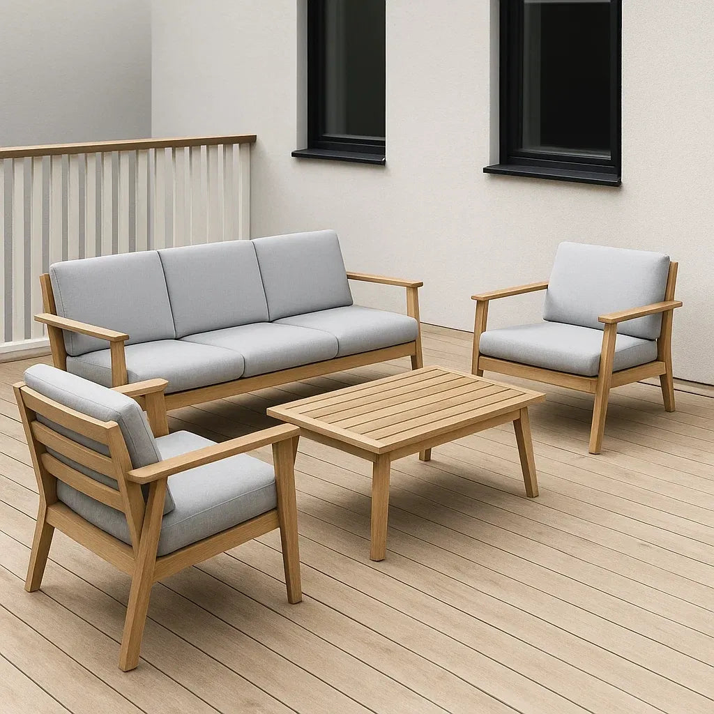Ensemble de canapé de jardin 4 pièces bois d'acacia coussins gris clair avec canapé et fauteuils