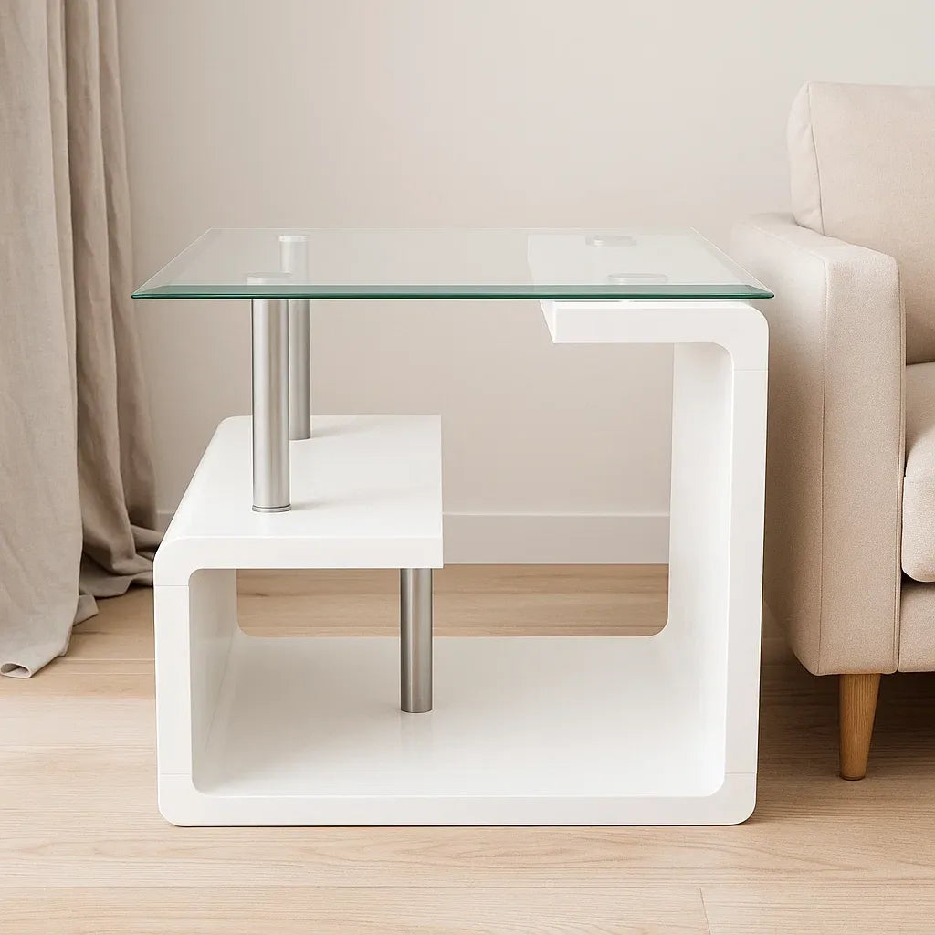 Bouts de canapés en verre trempé, acier inoxydable et MDF blanc 55x40x50 cm