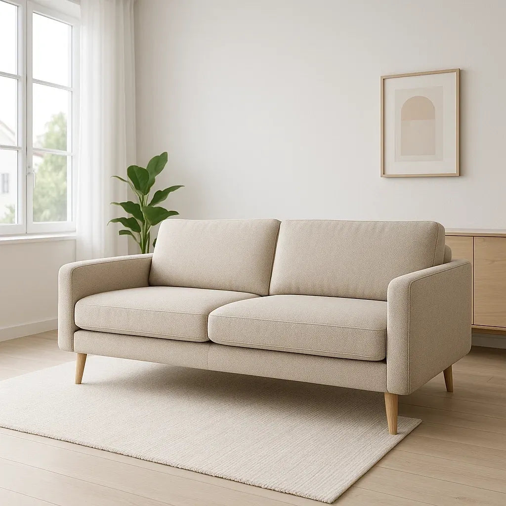 Canapé 2 places en tissu polyester beige avec pieds en bois 170x80x85 cm