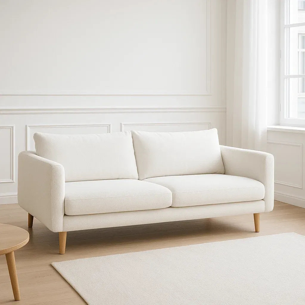 Canapé 3 places en tissu polyester blanc avec cadre en bois 210x90x85 cm