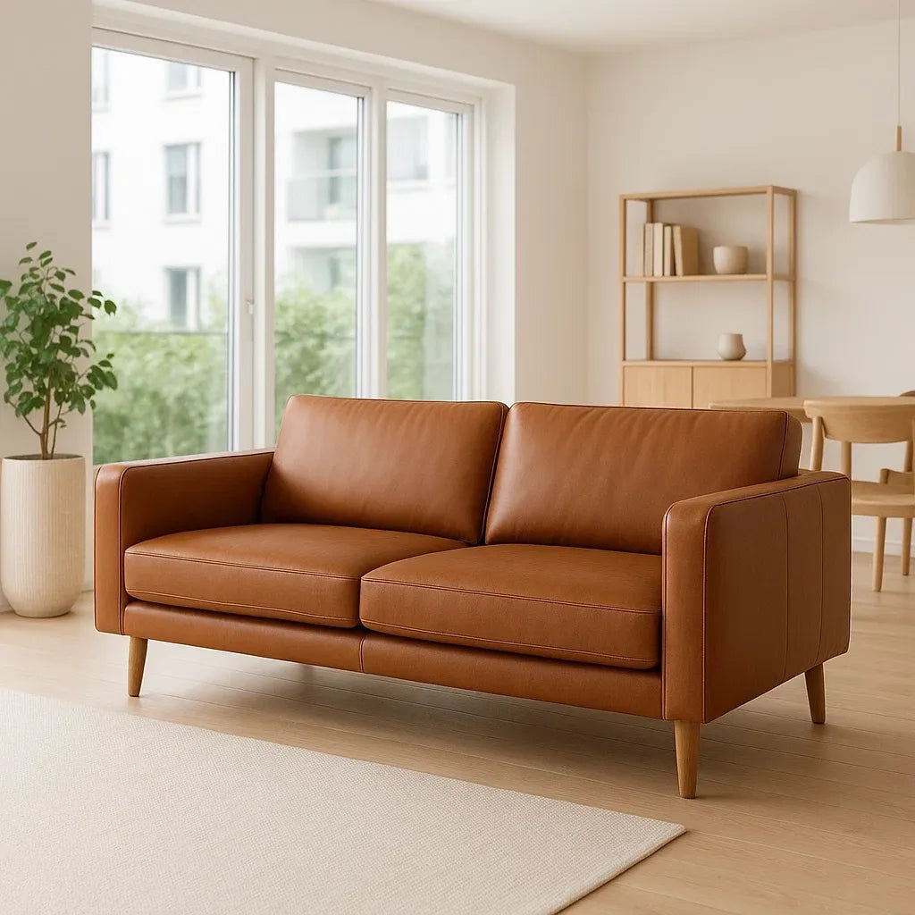 Canapé 3 places en cuir synthétique marron avec pieds en bois 210 cm