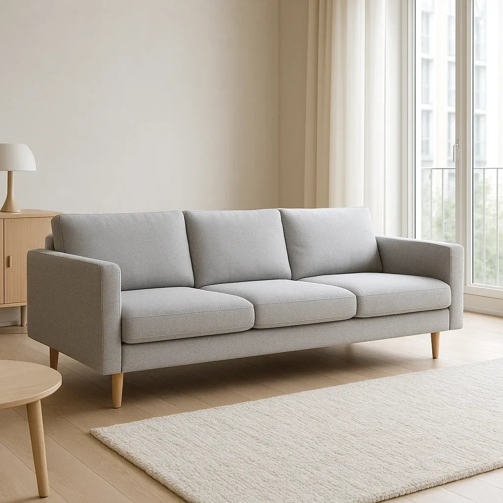 Canapé 3 places en tissu polyester gris clair avec pieds en bois de hêtre 200x85x75 cm