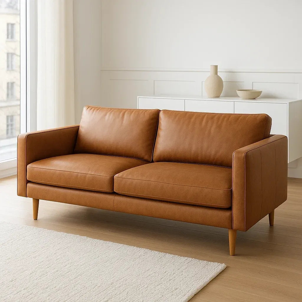 Canapé 2 places en similicuir marron avec pieds en bois