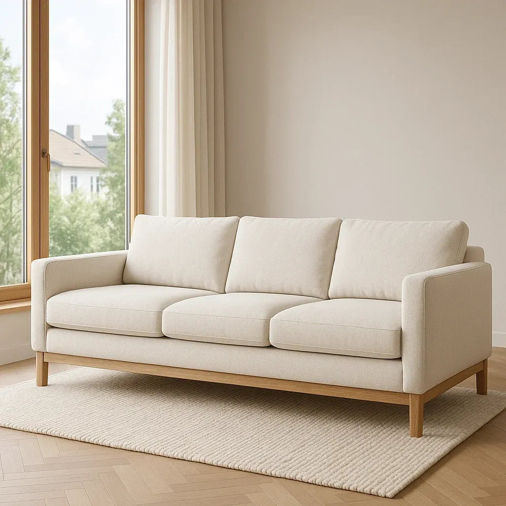 Canapé places en tissu polyester beige avec structure en chêne