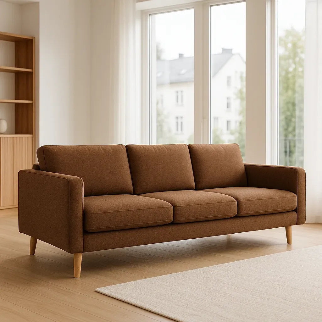 Canapé 3 places brun en tissu polyester avec pieds en bois