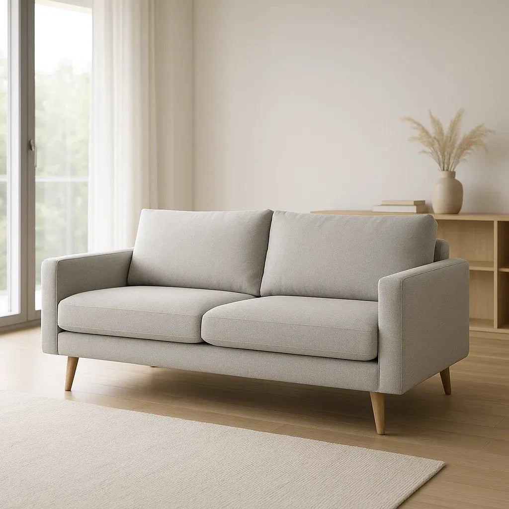 Canapé 2 places en tissu polyester gris clair avec pieds en bois 150x85x75 cm