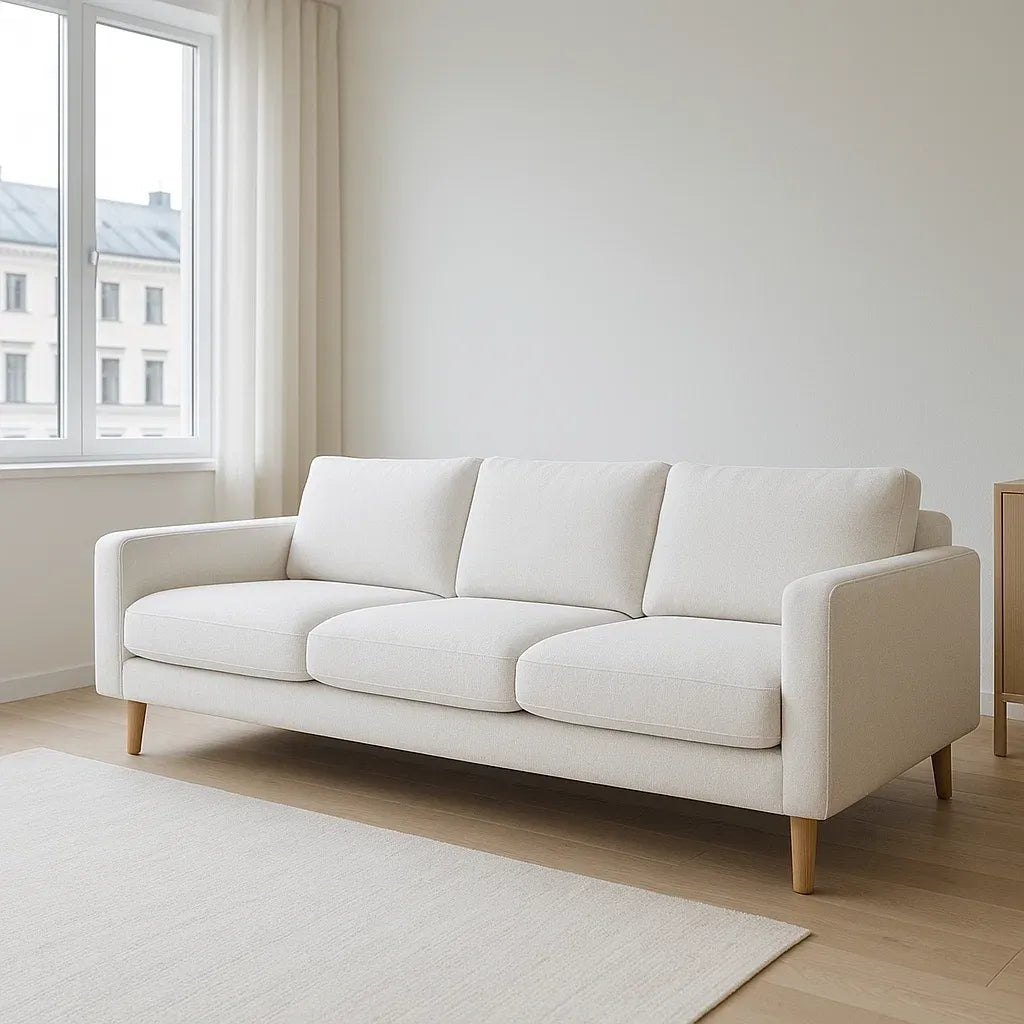 Canapé 3 places en tissu polyester crème avec pieds en bois 210 cm