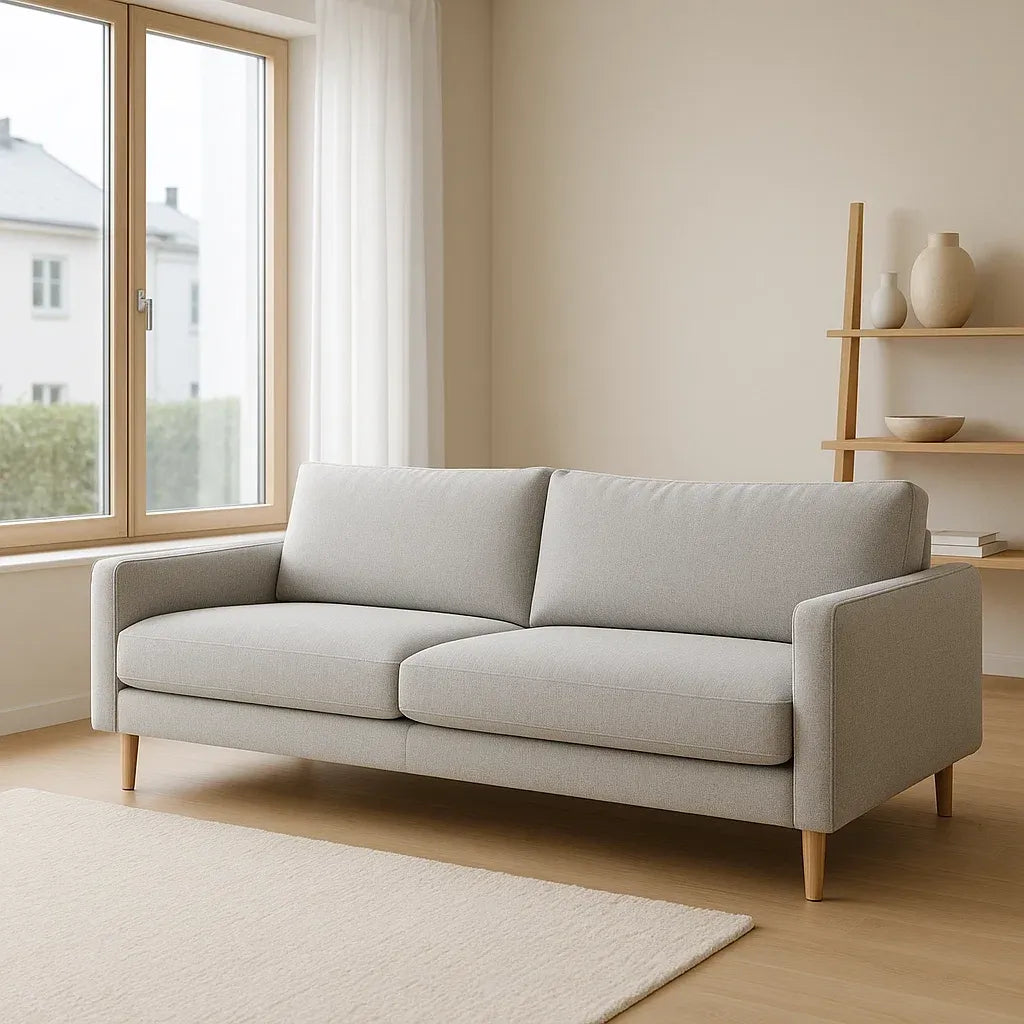 Canapé 3 places en tissu polyester gris clair avec pieds en bois