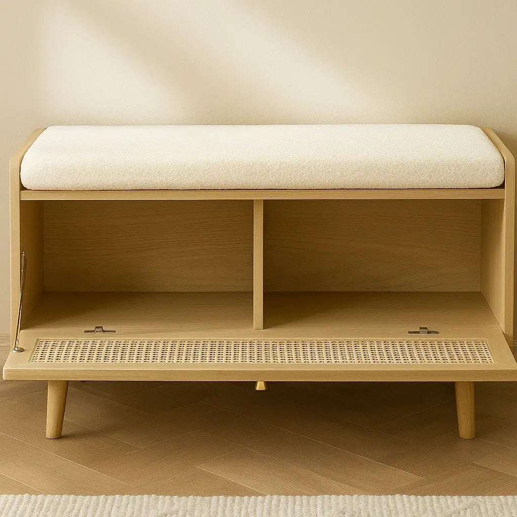 Meuble à chaussures en bois clair avec coussin tissu crème 100x40x45 cm