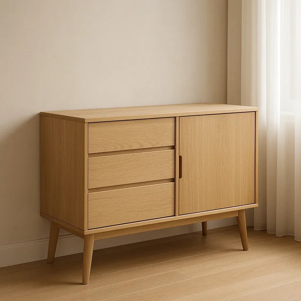 Commode en bois massif 3 tiroirs 1 porte naturel