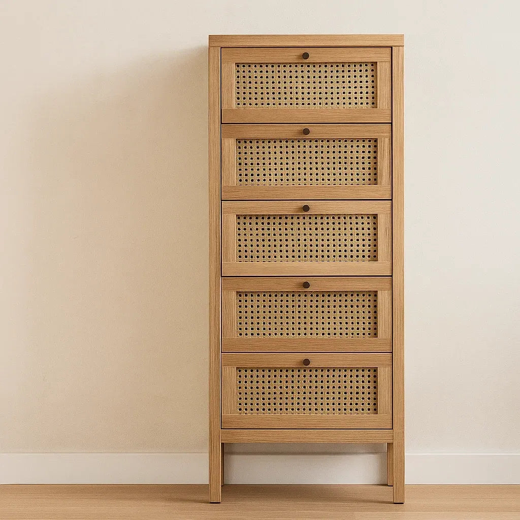 Commode en bois avec tiroirs en rotin tressé 5 tiroirs naturel