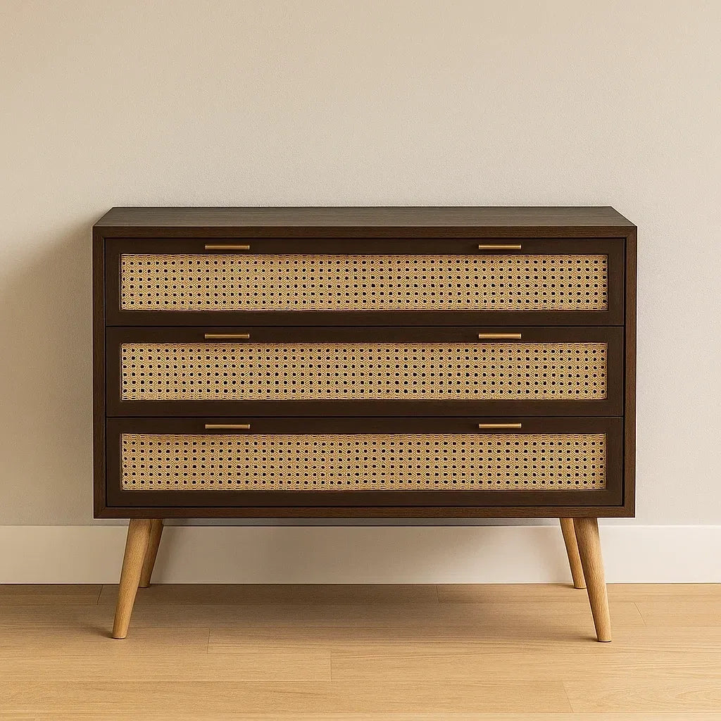 Commode en bois marron avec rotin tissé 3 tiroirs