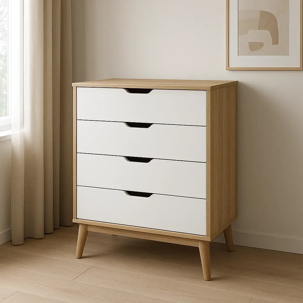 Commode carrée 4 tiroirs 80x100x40 cm blanc/chêne MDF/bois