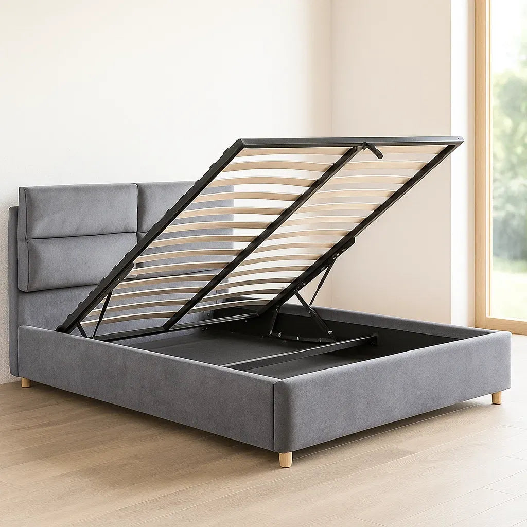 Lit coffre en tissu gris avec sommier à lattes et tête de lit matelassée