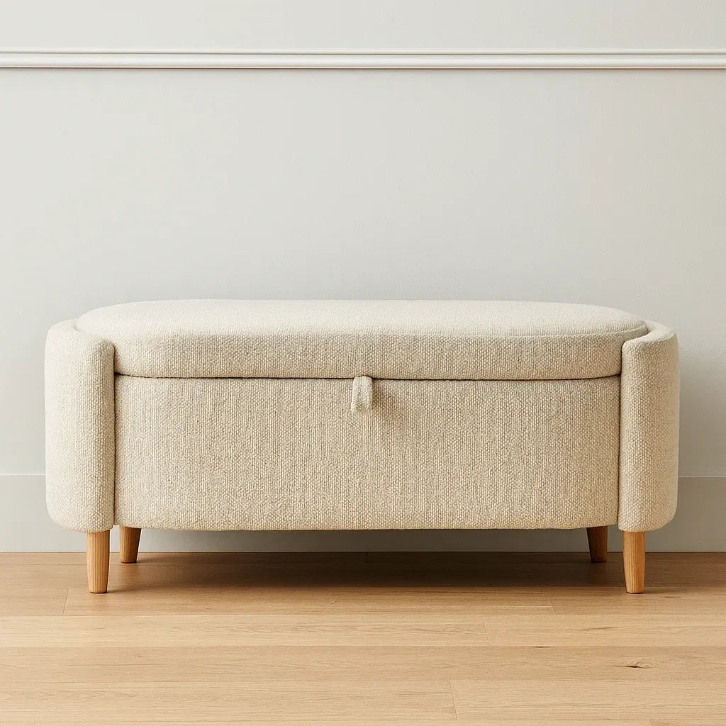 Bout de lit ovale en tissu polyester beige pieds en bois 120x45x50 cm