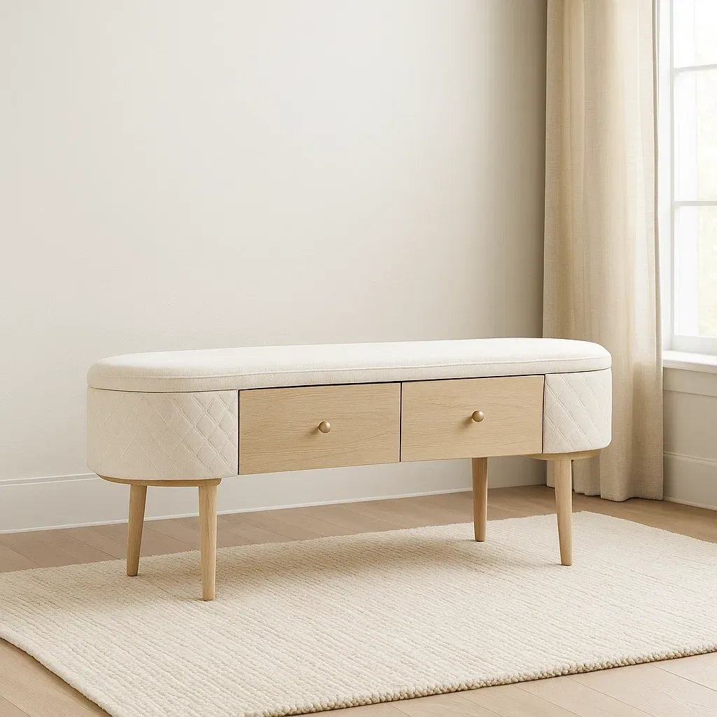Bout de lit en tissu polyester 2 tiroirs bois hêtre crème