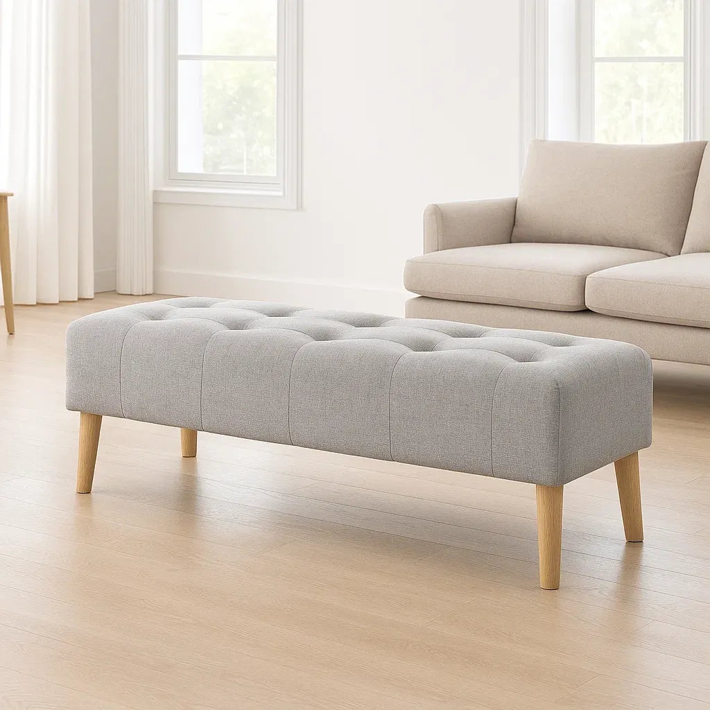 Bout de lit en tissu polyester gris avec pieds en bois de hêtre 120x40x45 cm