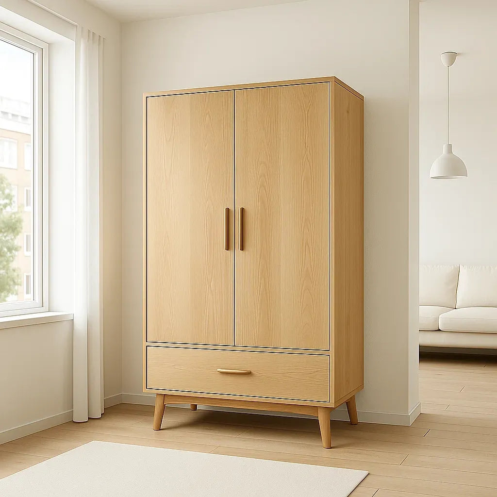 Armoire 2 portes en bois MDF avec tiroir 180x90x50 cm chêne clair