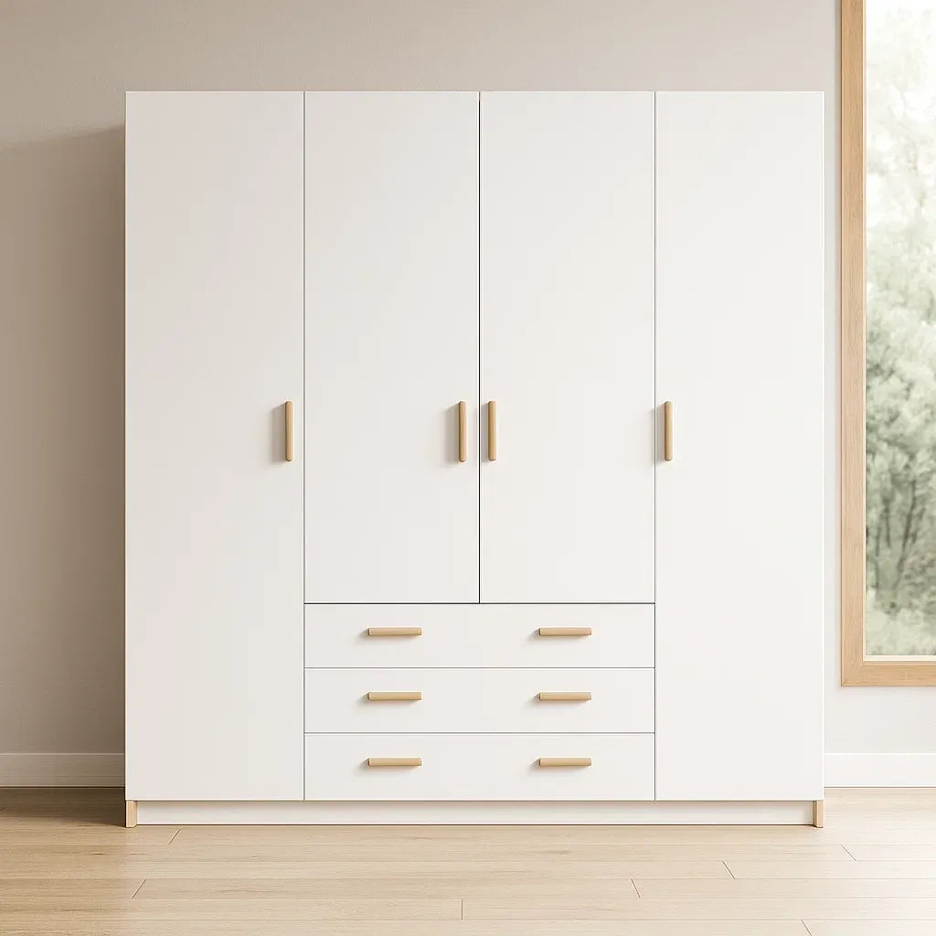 Armoire 4 portes 3 tiroirs en bois composite blanc