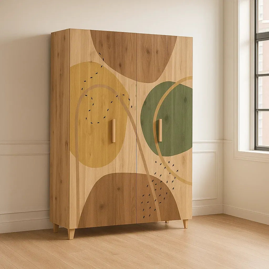 Armoire 2 portes multicolore en bois avec motifs abstraits
