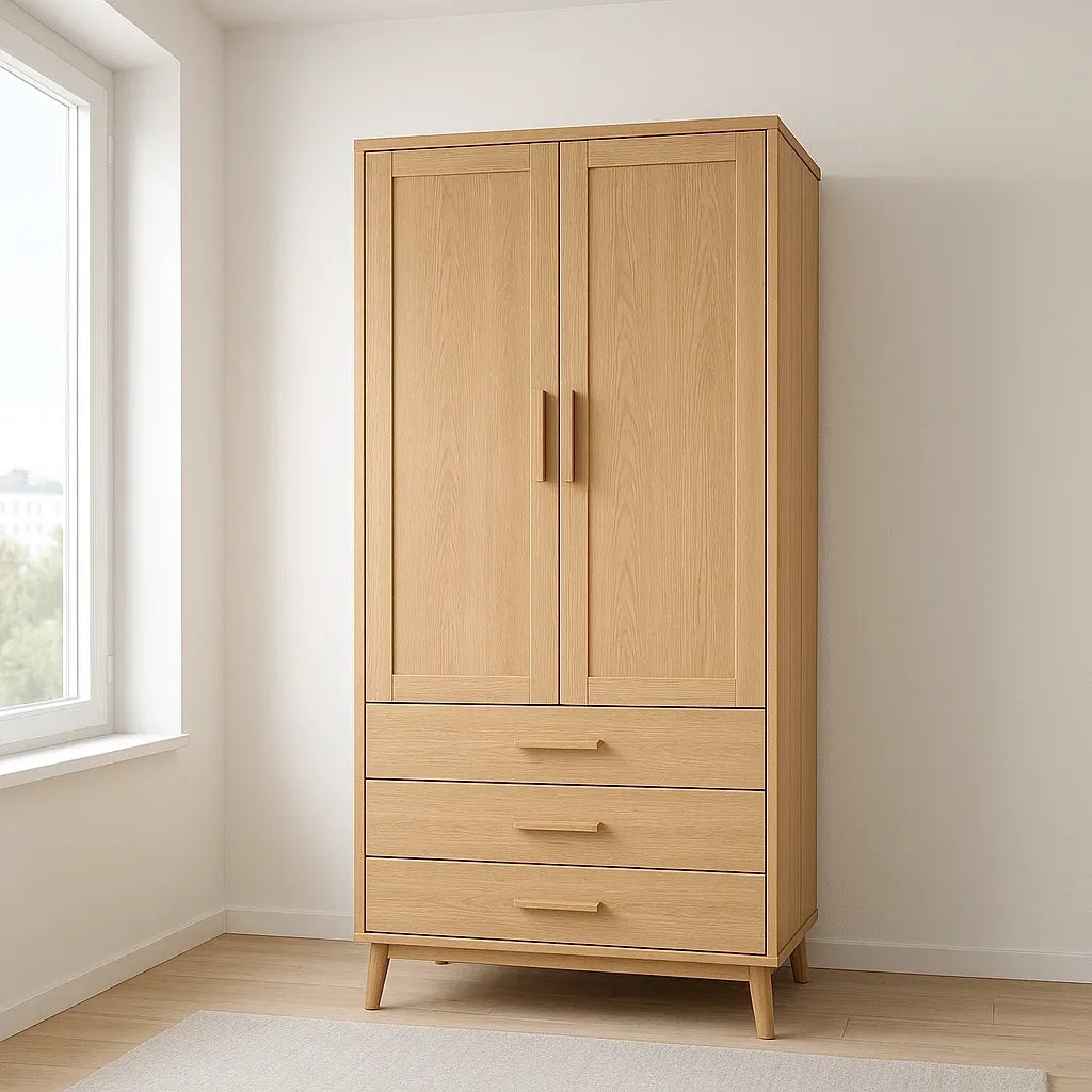 Armoire 2 portes 3 tiroirs en bois chêne 180x80x50 cm