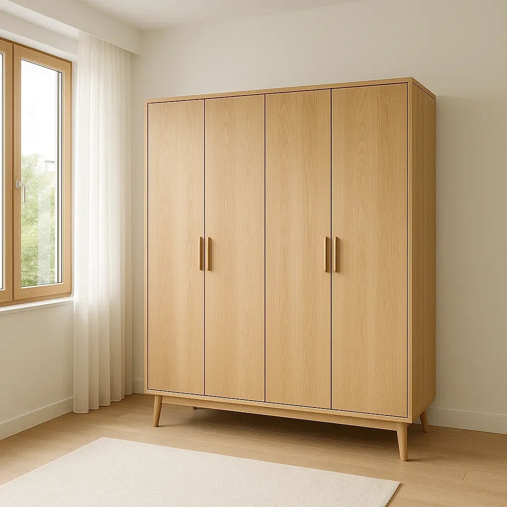 Armoire 4 portes penderie en bois naturel avec étagères 200x160x55 cm