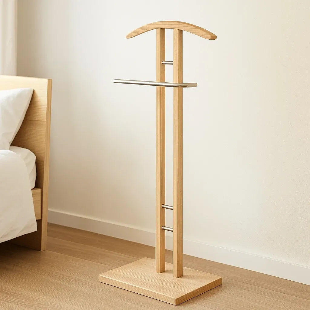 Portant à vêtements en bois naturel et acier inoxydable