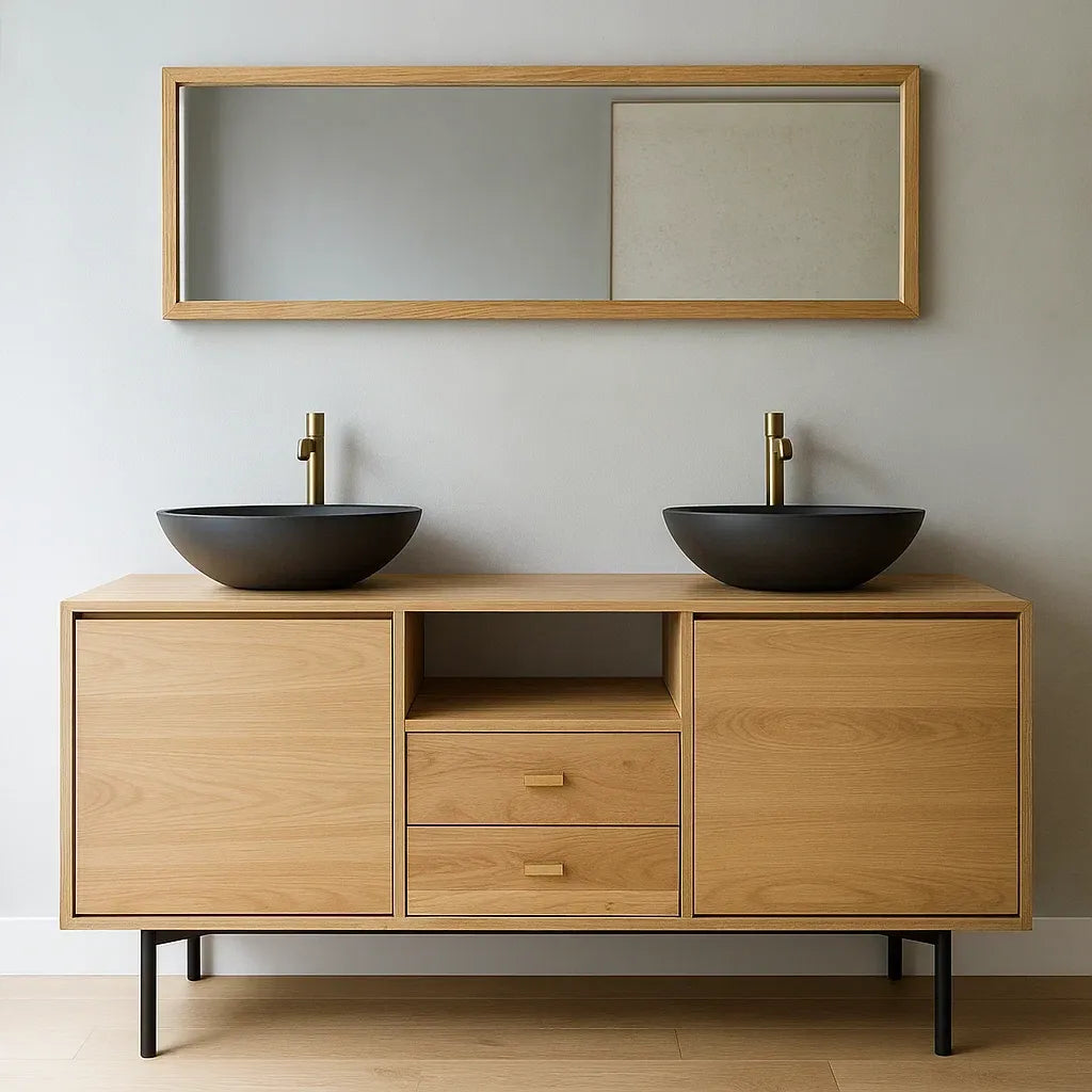 Meubles vasque en chêne massif avec double vasque en céramique noire 140x45x85 cm