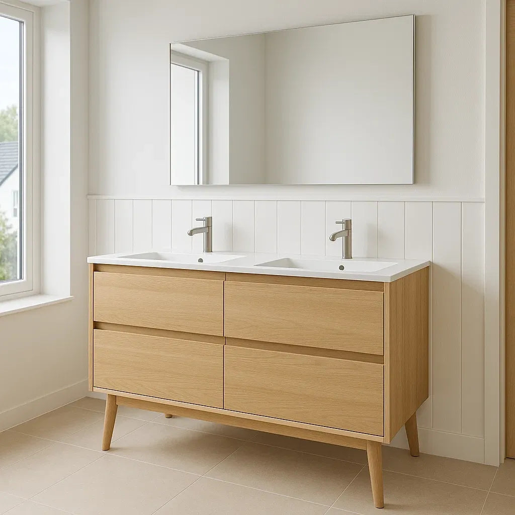 Meubles vasque double en bois avec miroir et pieds 120x45x85 cm Blanc/Bois
