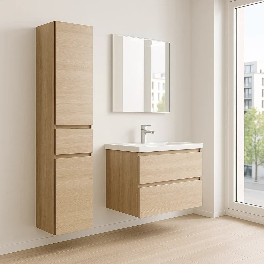 Meubles vasque suspendus en panneaux de particules avec rangement et miroir chêne clair avec tiroirs