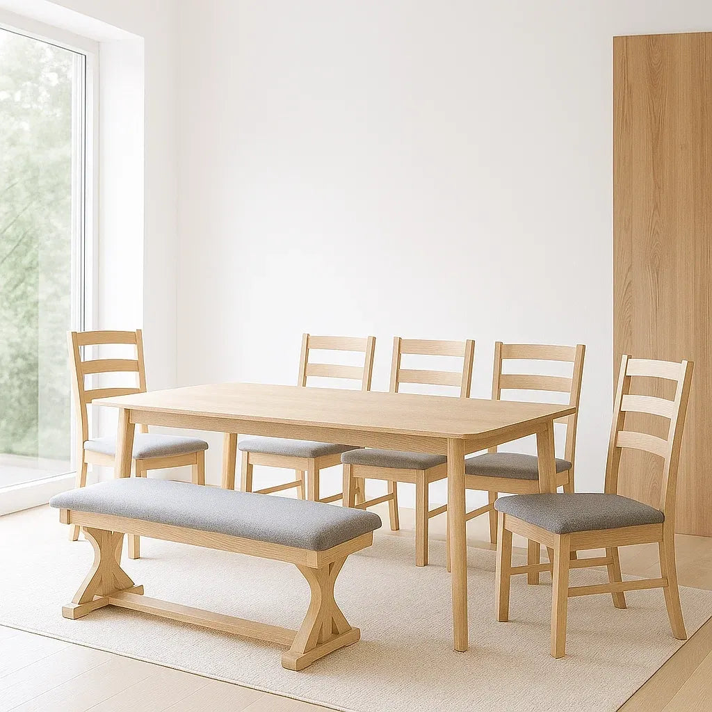 Ensemble de 7 pièces table à manger rectangulaire en bois avec chaises et banc rembourrés en tissu gris