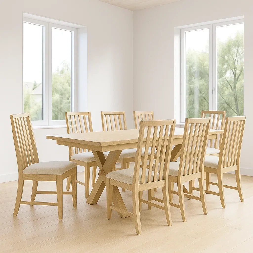 Ensemble de 9 pièces table à manger rectangulaire en bois clair avec 8 chaises en tissu polyester