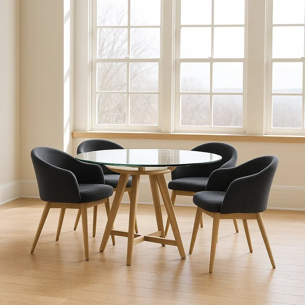 Ensemble de 5 pièces table à manger ronde en verre avec pieds en bois et 4 chaises en tissu gris