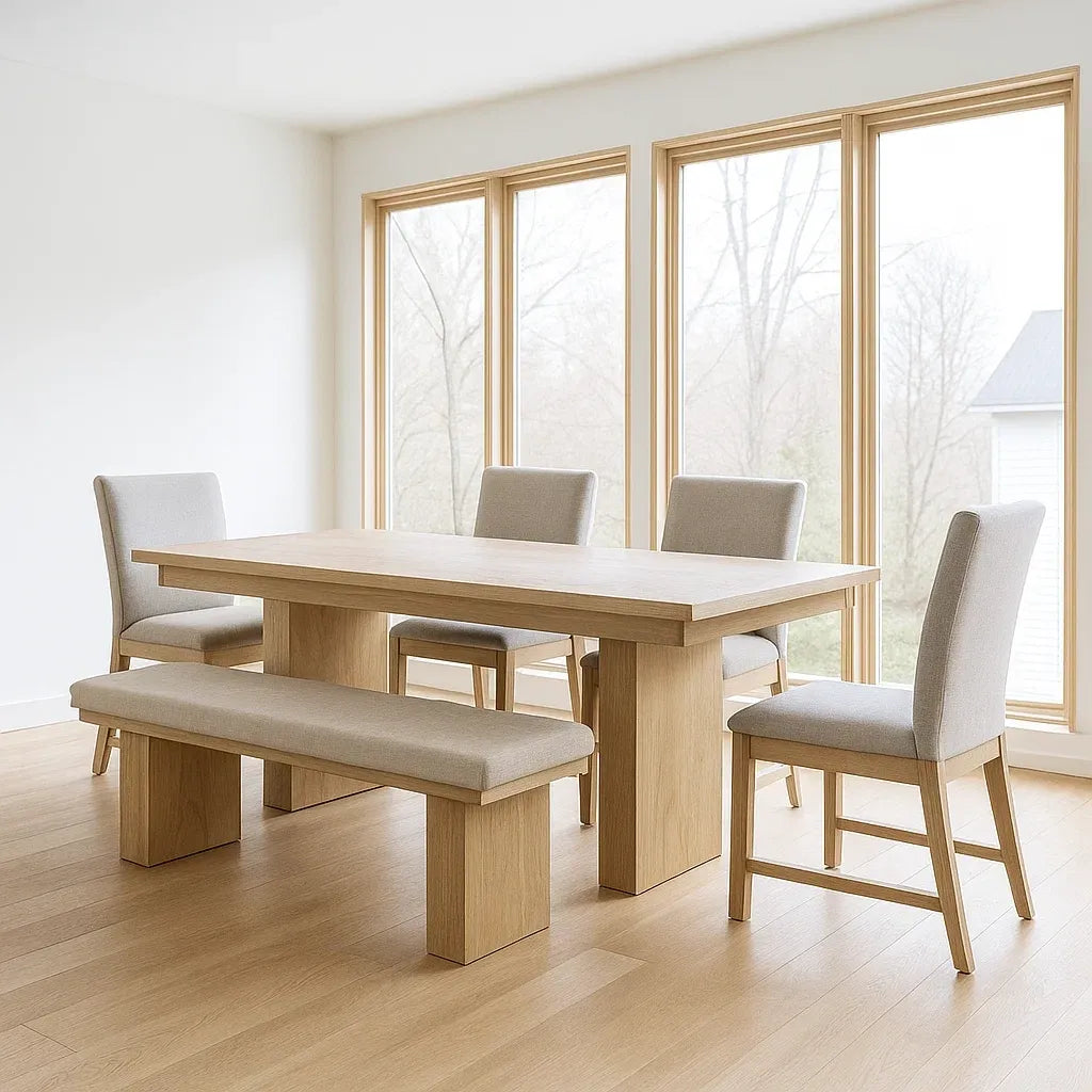 Ensemble de 6 pièces table à manger en bois clair avec banc et chaises en tissu beige
