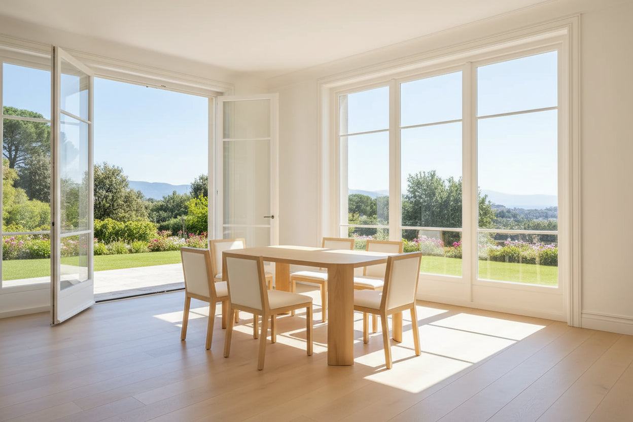 Ensemble de 7 pièces table à manger rectangulaire en bois clair avec chaises rembourrées en tissu beige