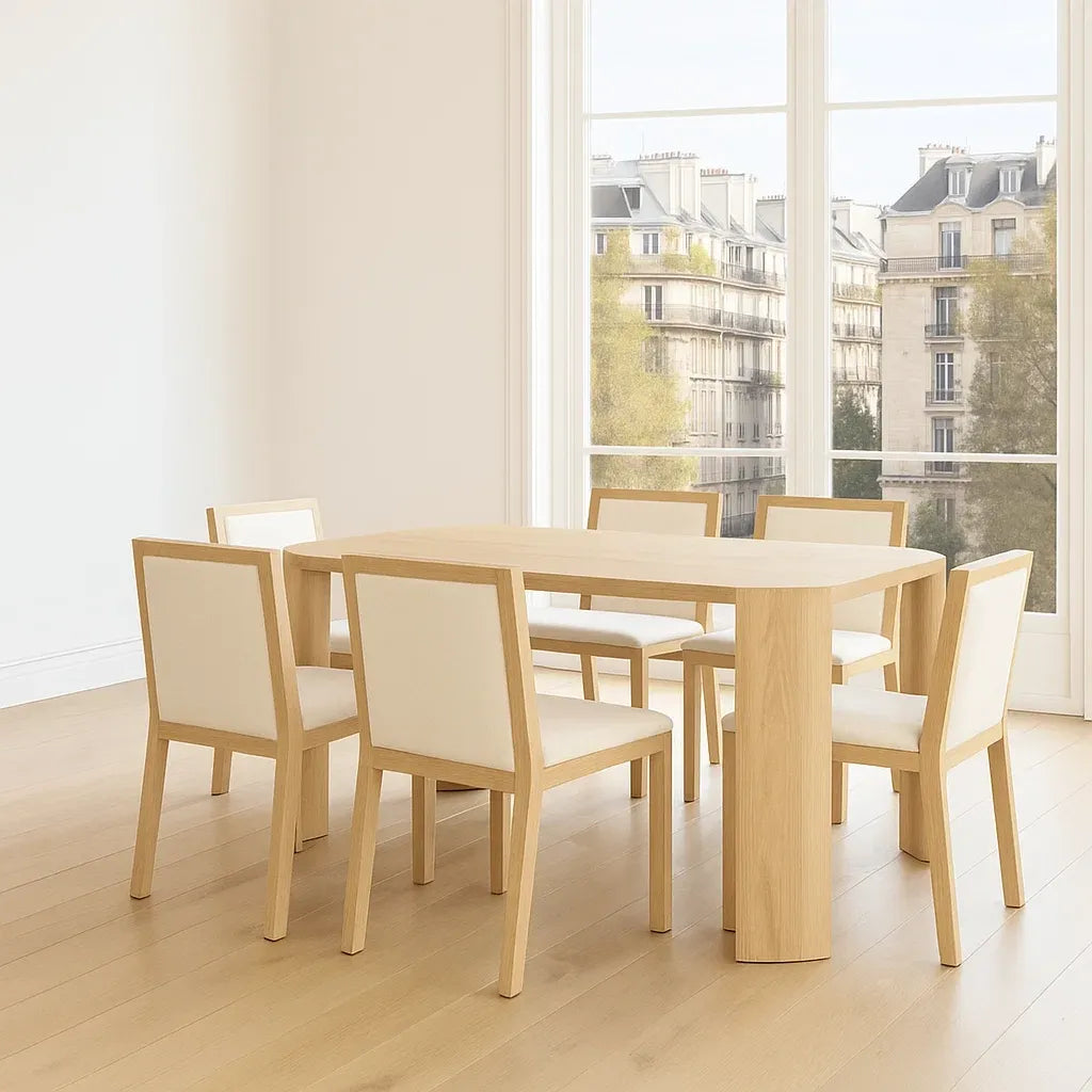 Ensemble de 7 pièces table à manger rectangulaire en bois clair avec chaises rembourrées en tissu beige
