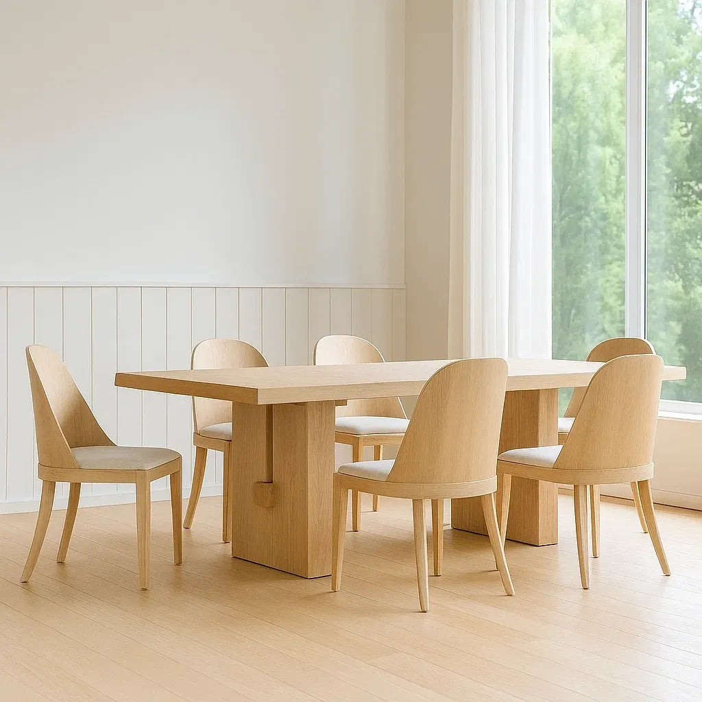 Ensemble de 7 pièces table à manger en bois massif avec 6 chaises rembourrées en tissu beige
