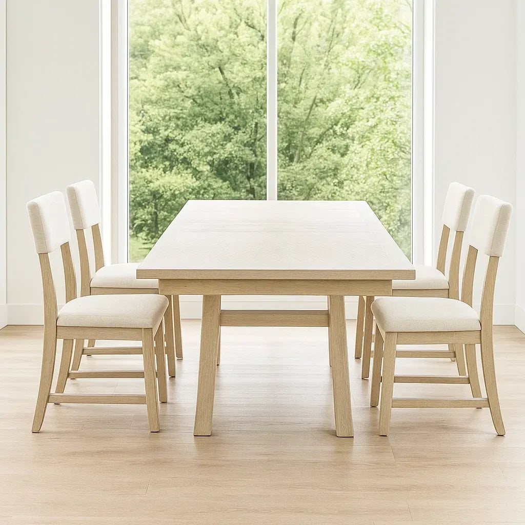 Ensemble de 5 pièces table à manger en bois avec 4 chaises en tissu beige