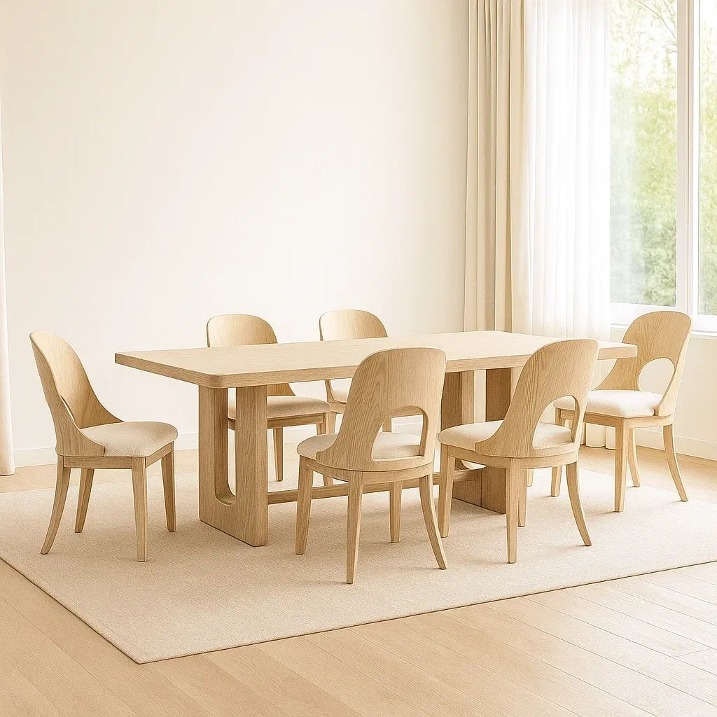 Ensemble de 7 pièces table à manger rectangulaire en bois massif avec 6 chaises en tissu beige