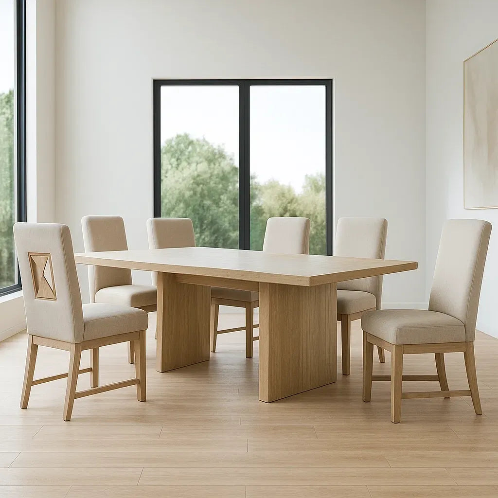 Ensemble de 7 pièces table à manger rectangulaire en bois de chêne clair avec 6 chaises en tissu lin beige