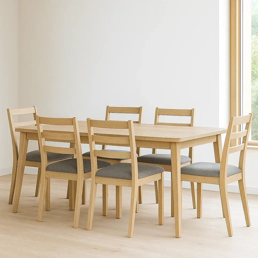 Ensemble de 7 pièces table à manger en bois avec 6 chaises en tissu gris