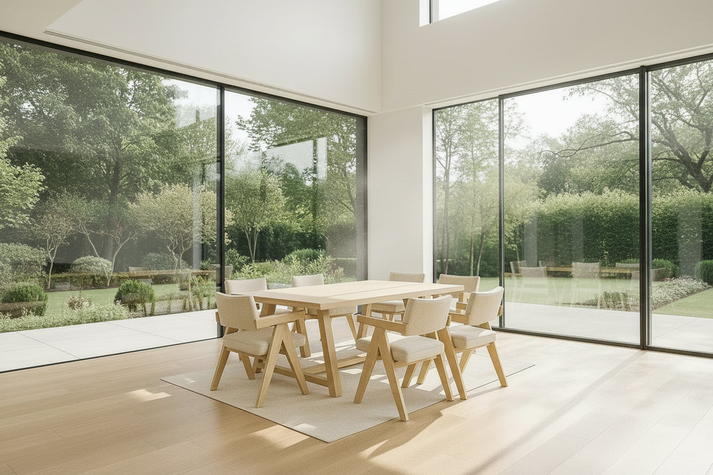 Ensemble de 8 pièces table à manger en chêne avec 7 chaises rembourrées en tissu polyester beige