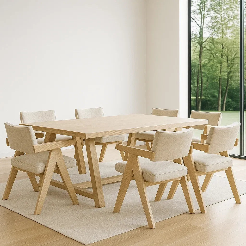 Ensemble de 8 pièces table à manger en chêne avec 7 chaises rembourrées en tissu polyester beige